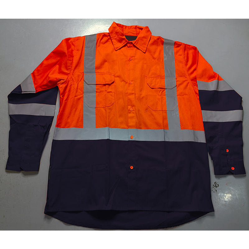 AS/NZS4399:1996 certified, high-visibility pure cotton long-sleeved work shirt.