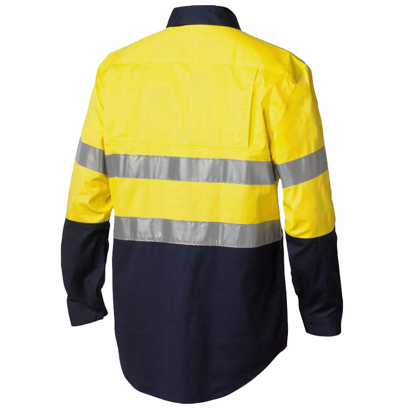 AS/NZS4399:1996 certified, high-visibility pure cotton long-sleeved work shirt.