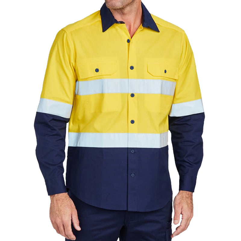 AS/NZS4399:1996 certified, high-visibility pure cotton long-sleeved work shirt.