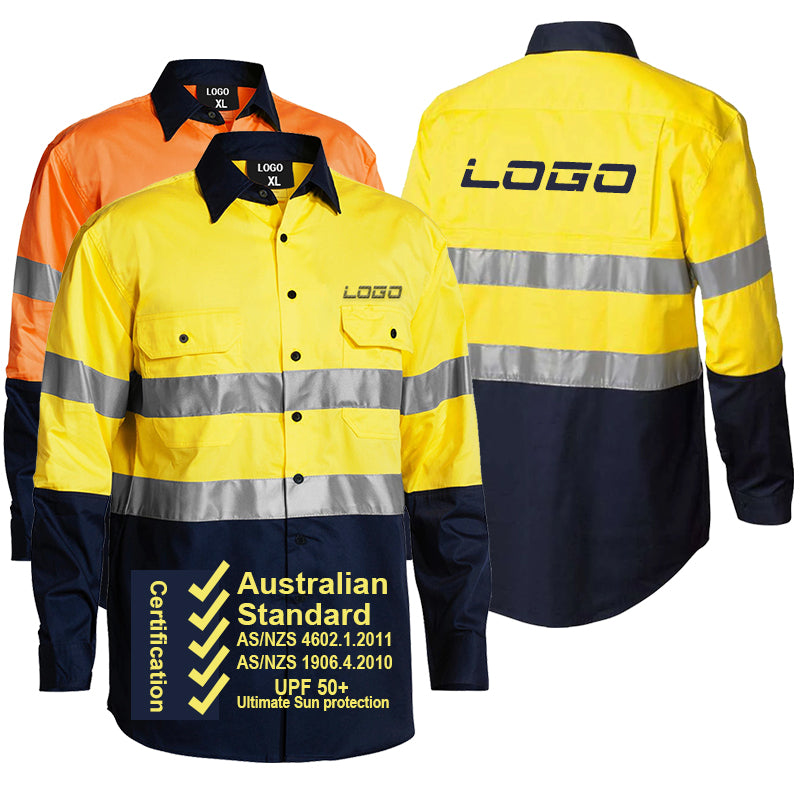 AS/NZS4399:1996 certified, high-visibility pure cotton long-sleeved work shirt.