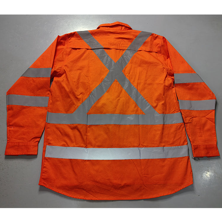 AS/NZS4399:1996 certified, high-visibility pure cotton long-sleeved work shirt.