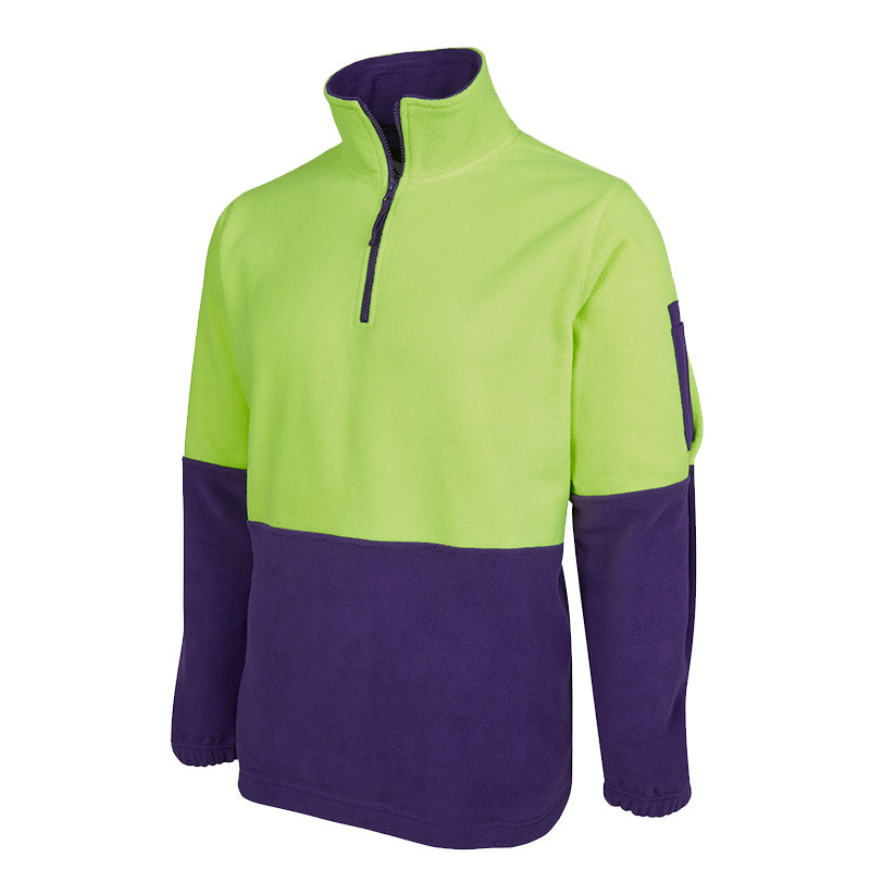 High-visibility 1/4 zippered Arctic fleece work jumpers meet UPF protection standards  according to standard AS/NZS 4399:2017.