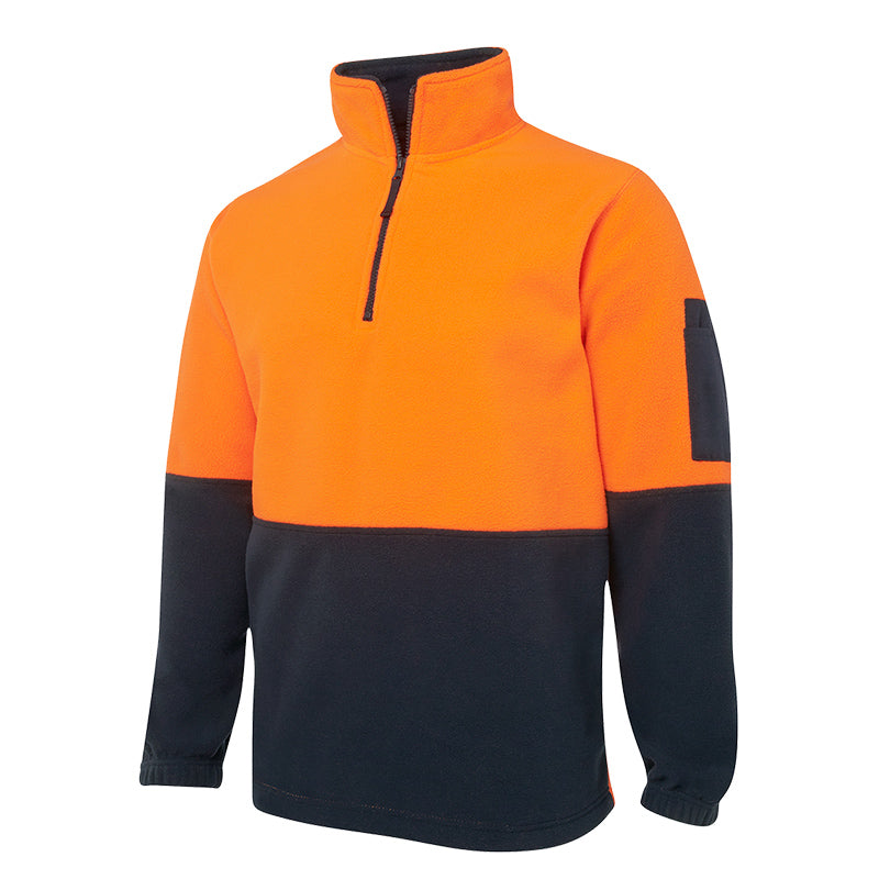 High-visibility 1/4 zippered Arctic fleece work jumpers meet UPF protection standards  according to standard AS/NZS 4399:2017.